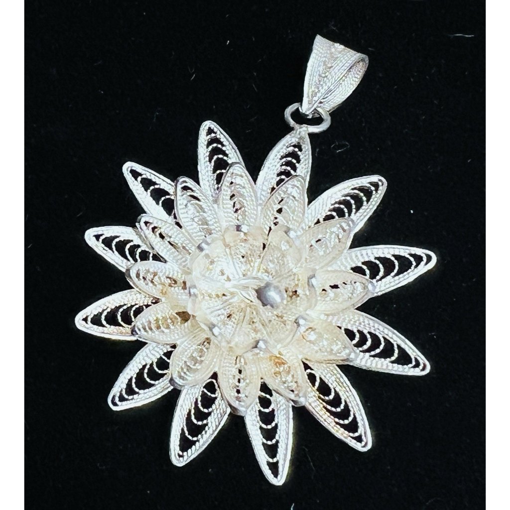Vintage Sterling Silver Cannetille Filigree 3d Flower Wirework Pendant 1.5